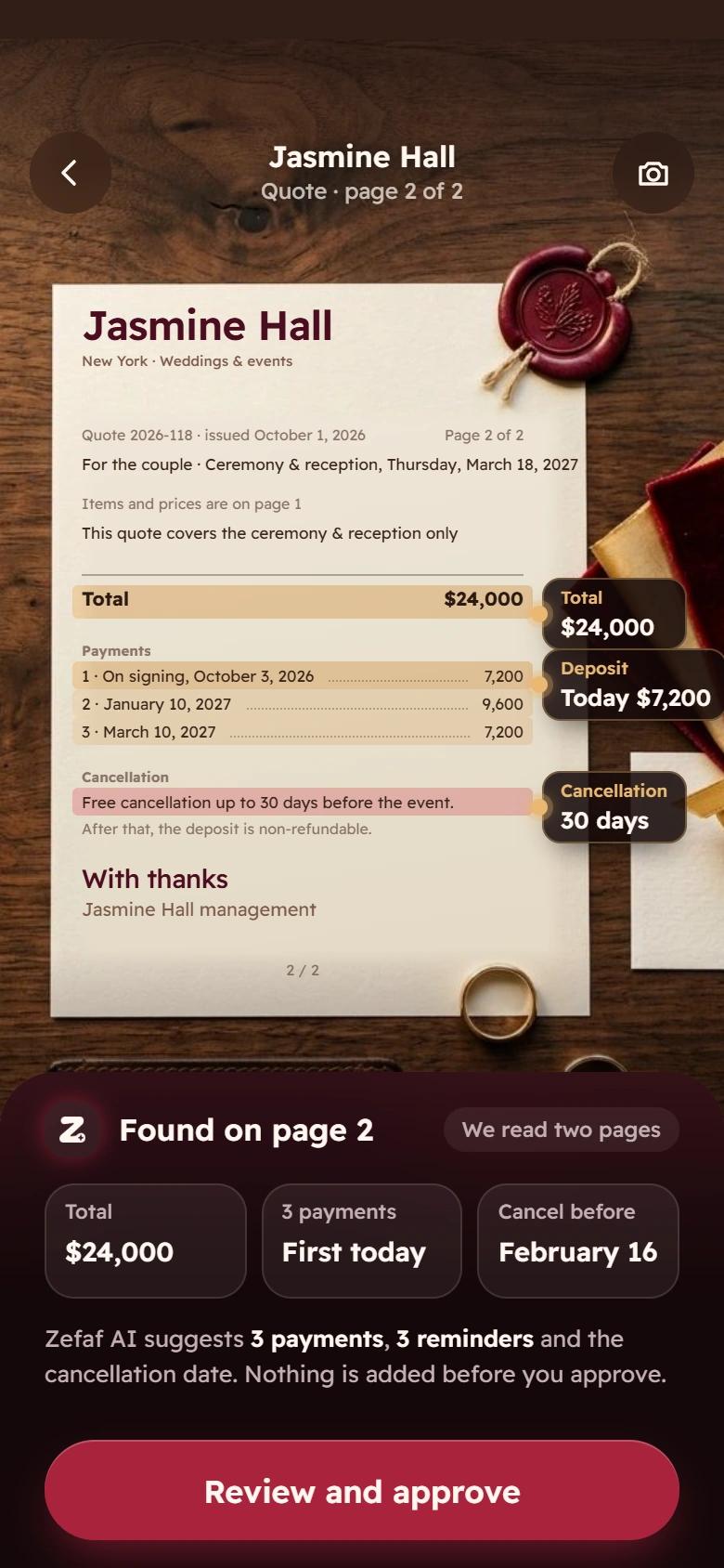 The Jasmine Hall quote in the app, with the Zefaf seal on it