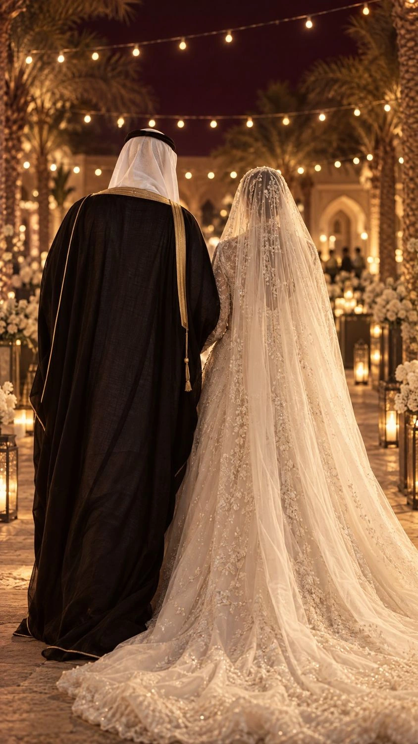 عروسان يمشيان تحت أضواء معلّقة في ليلة الزفاف